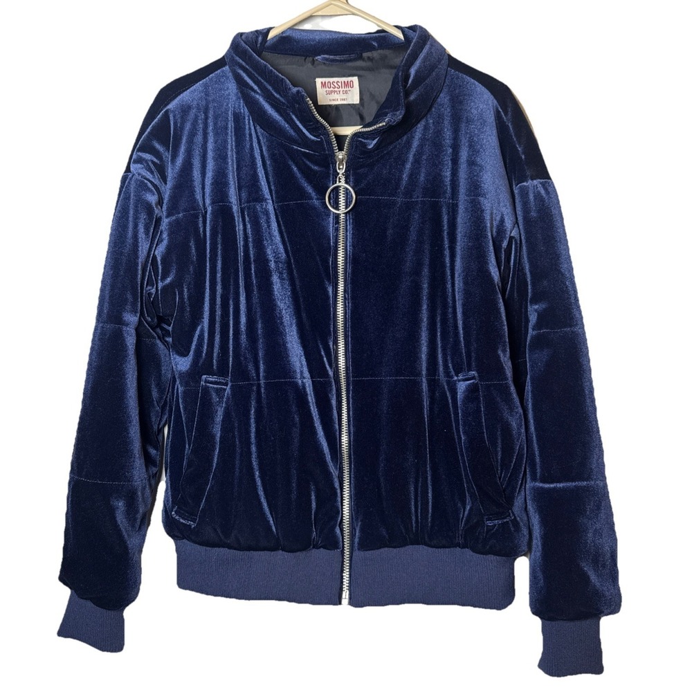 Mossimo Supply Co Velvet‎ Bomber Jacket Womens L Blue Zip Crop Pockets Stretch